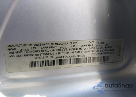 2007 Volkswagen Jetta Wolfsburg Edition from USA, damaged, VIN 3VWEF71K67M081314